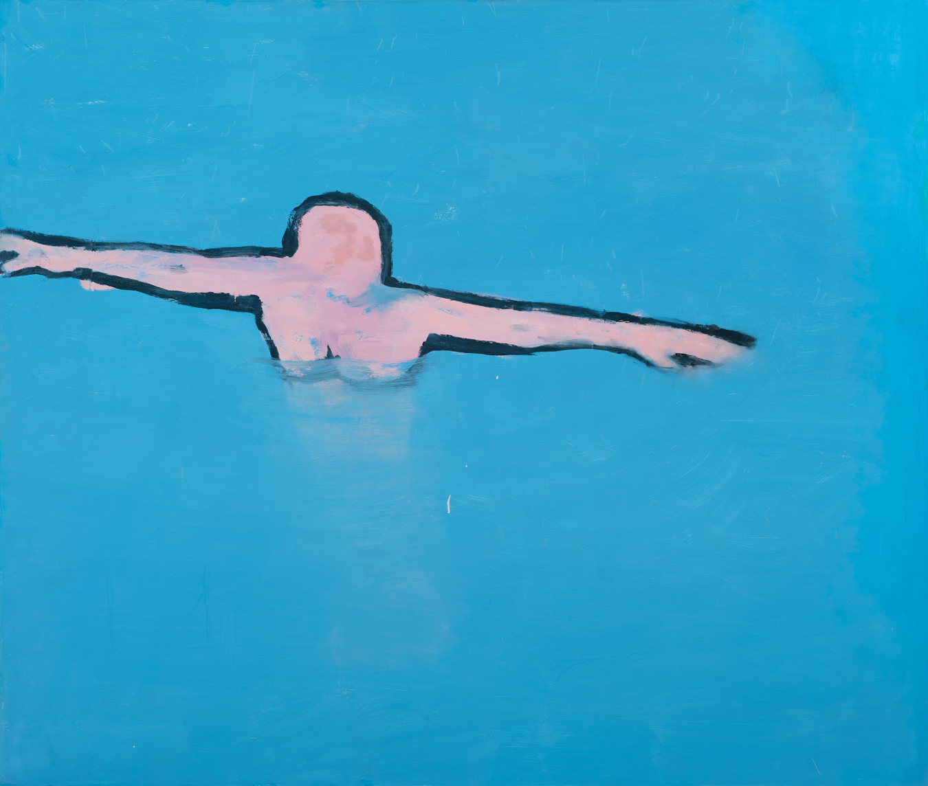 Oil painting of a woman floating in water with her arms outstretched by Katherine Bradford