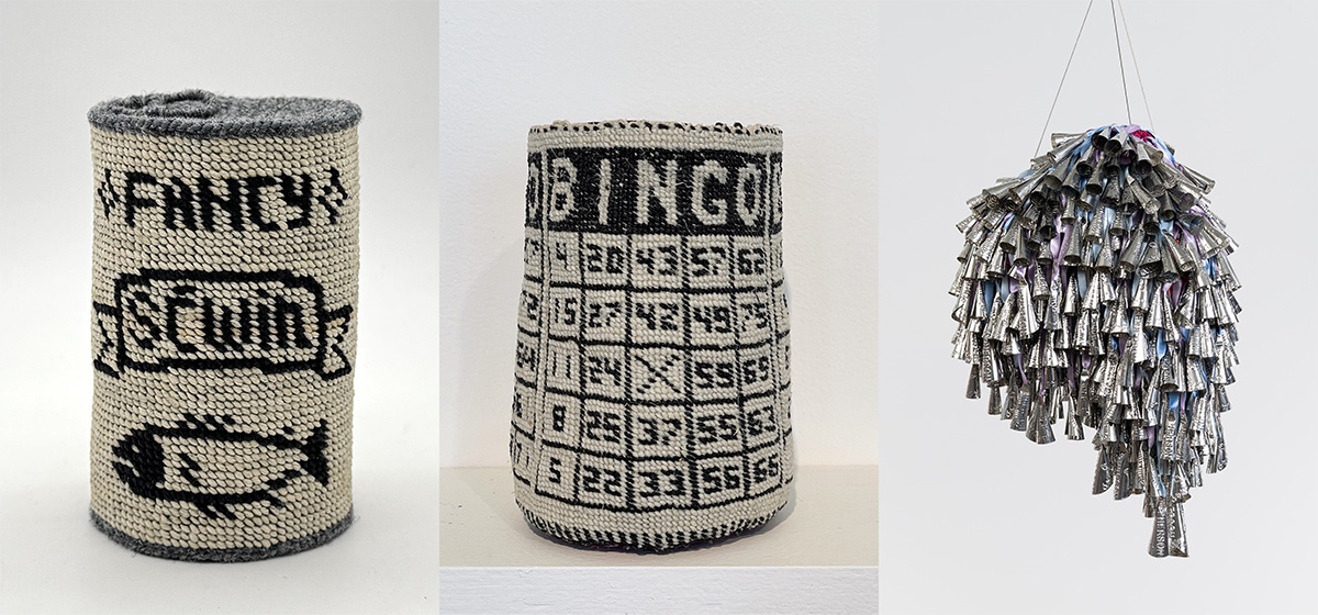 A composite of three images of three dimensional artwork, including two baskets and one hanging metallic piece