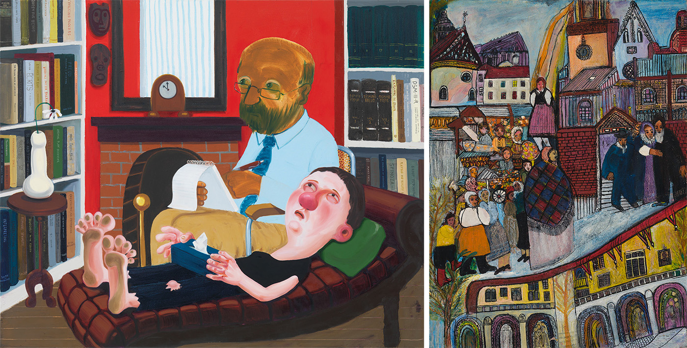 A composite of two images. On the left is a stylized painting of a person laying down for a therapy session, on the right is a folk art style painting of a cityscape