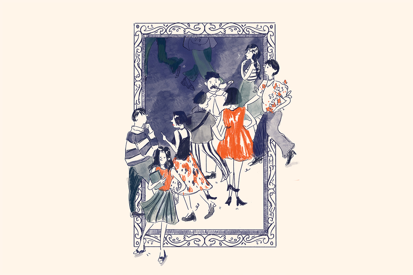 An stylized illustration of people in formal clothing in an art gallery