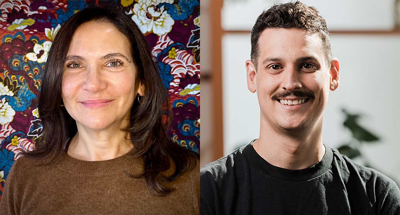 A composite of two portrait photograph images of people 