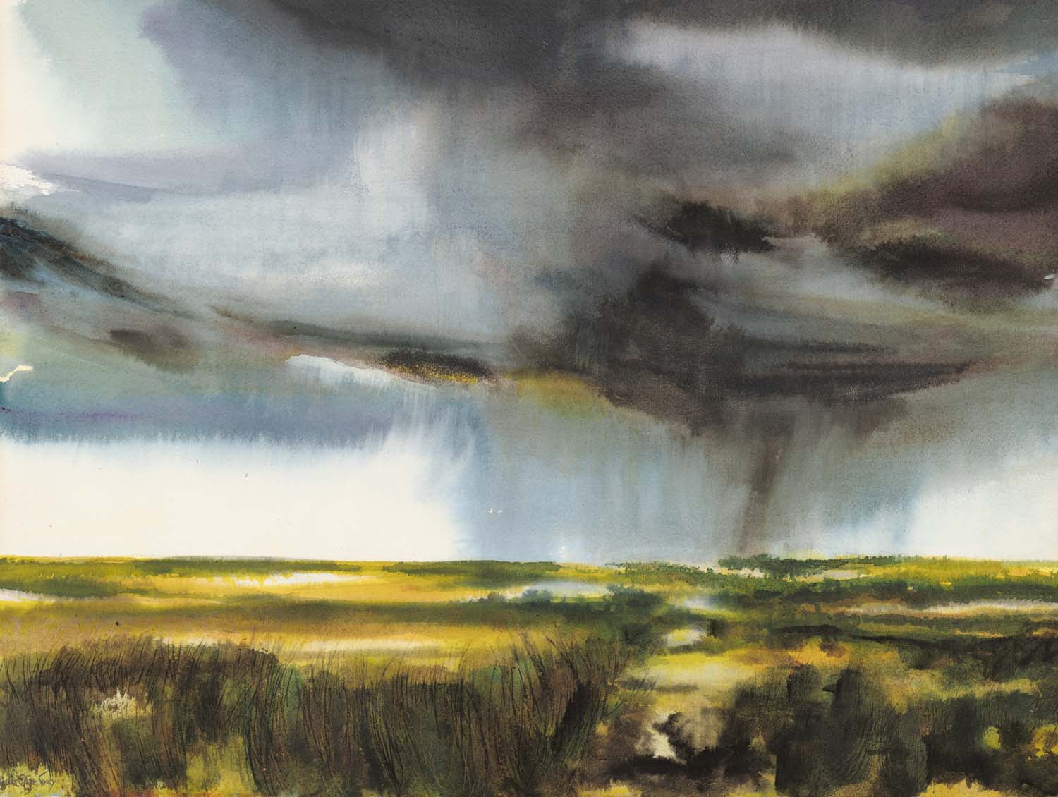A watercolor painting of a storm in the distance