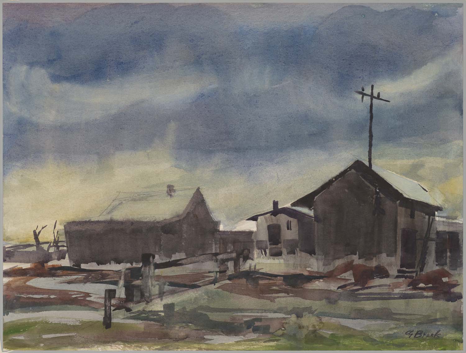 Watercolor painting of a few wooden buildings with a cloudy sky above