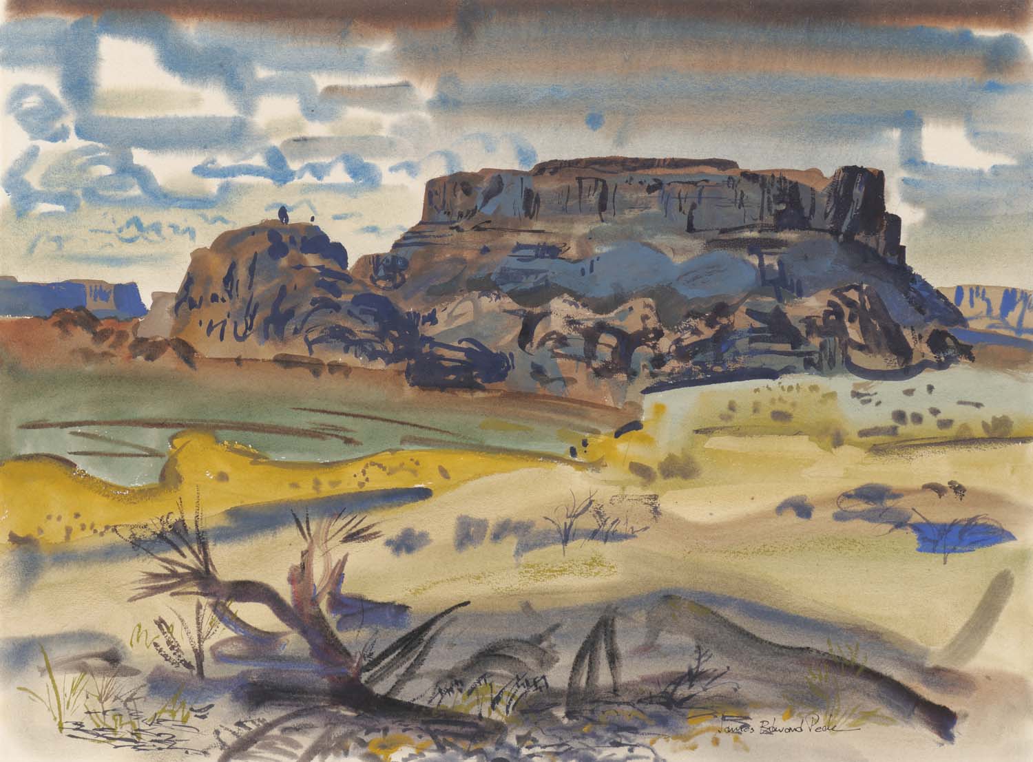 Watercolor painting of a landscape with a large rock formation, a gray sky, and scraggly vegetation in the foreground 