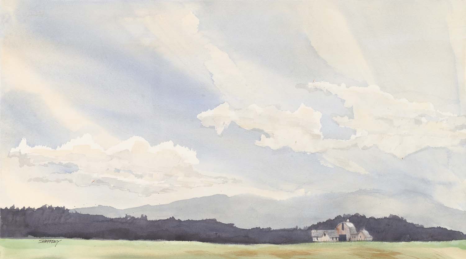 A watercolor painting of a farm under a large sky