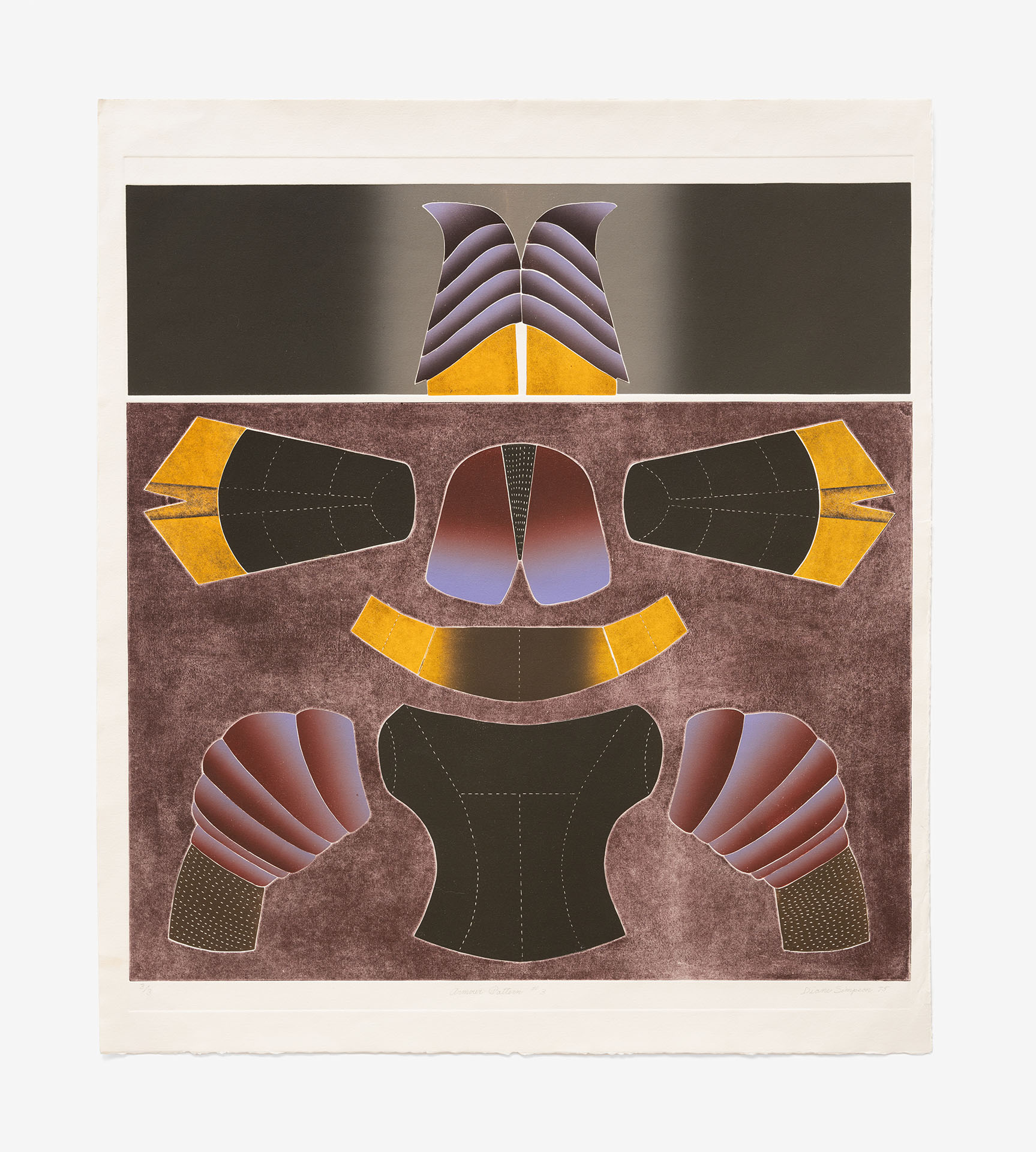 A flat paper artwork in the guise of a paper cutout craft guide with a torso, arms, shoulderpads, and more