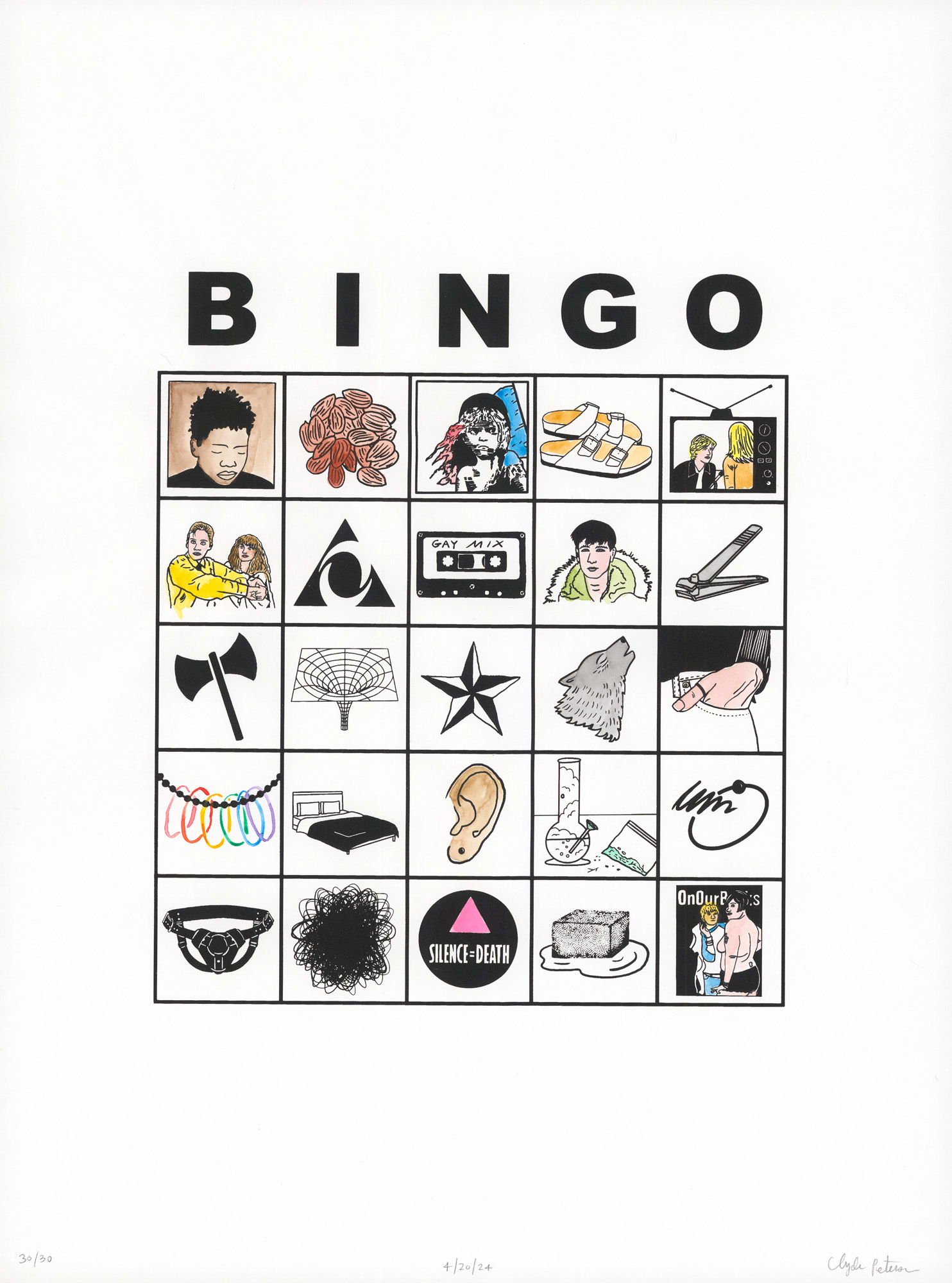 A grid with small illustrations under large text reading 'BINGO'