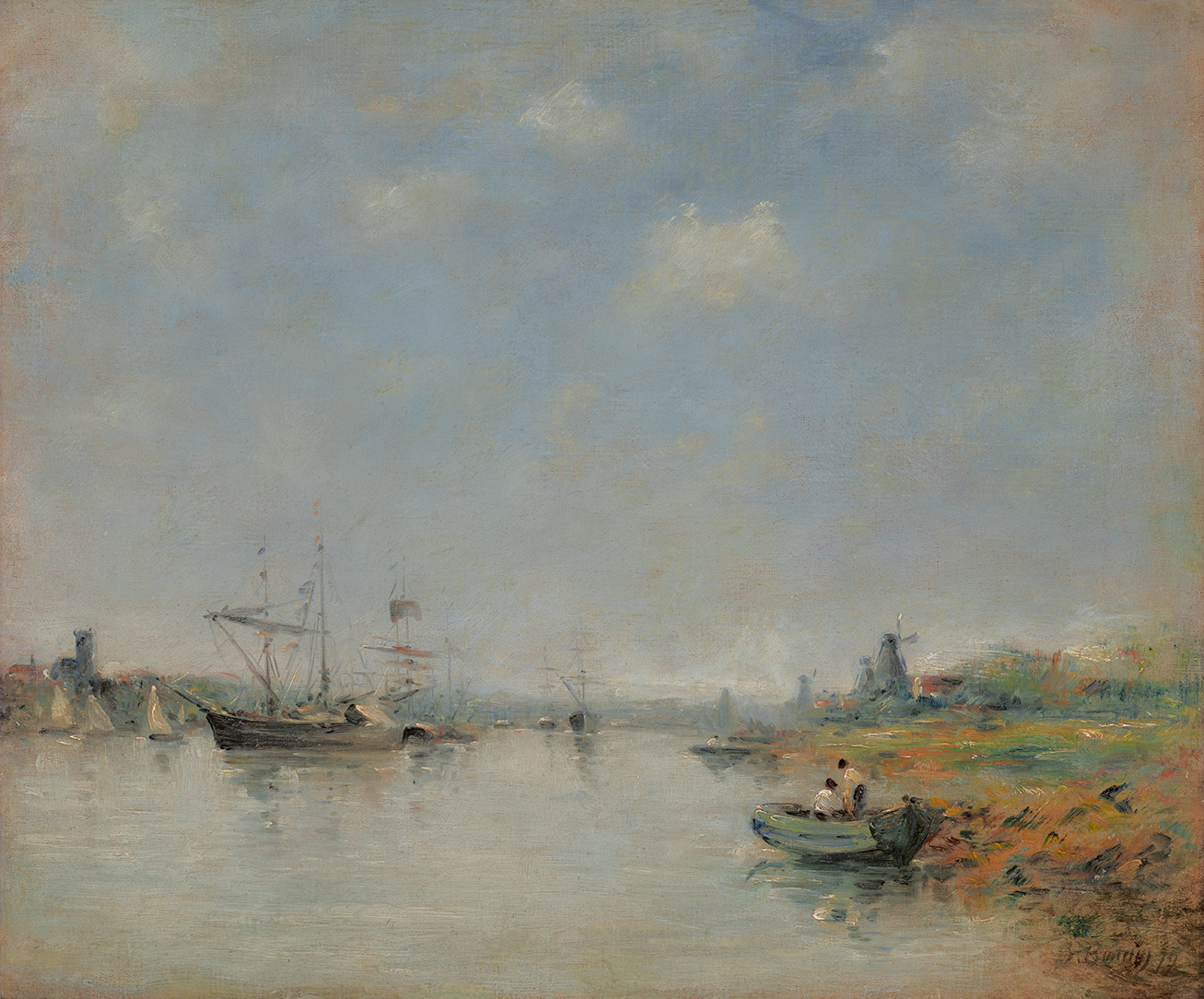 A painting of old wooden ships near a coast in daytime against a blue sky