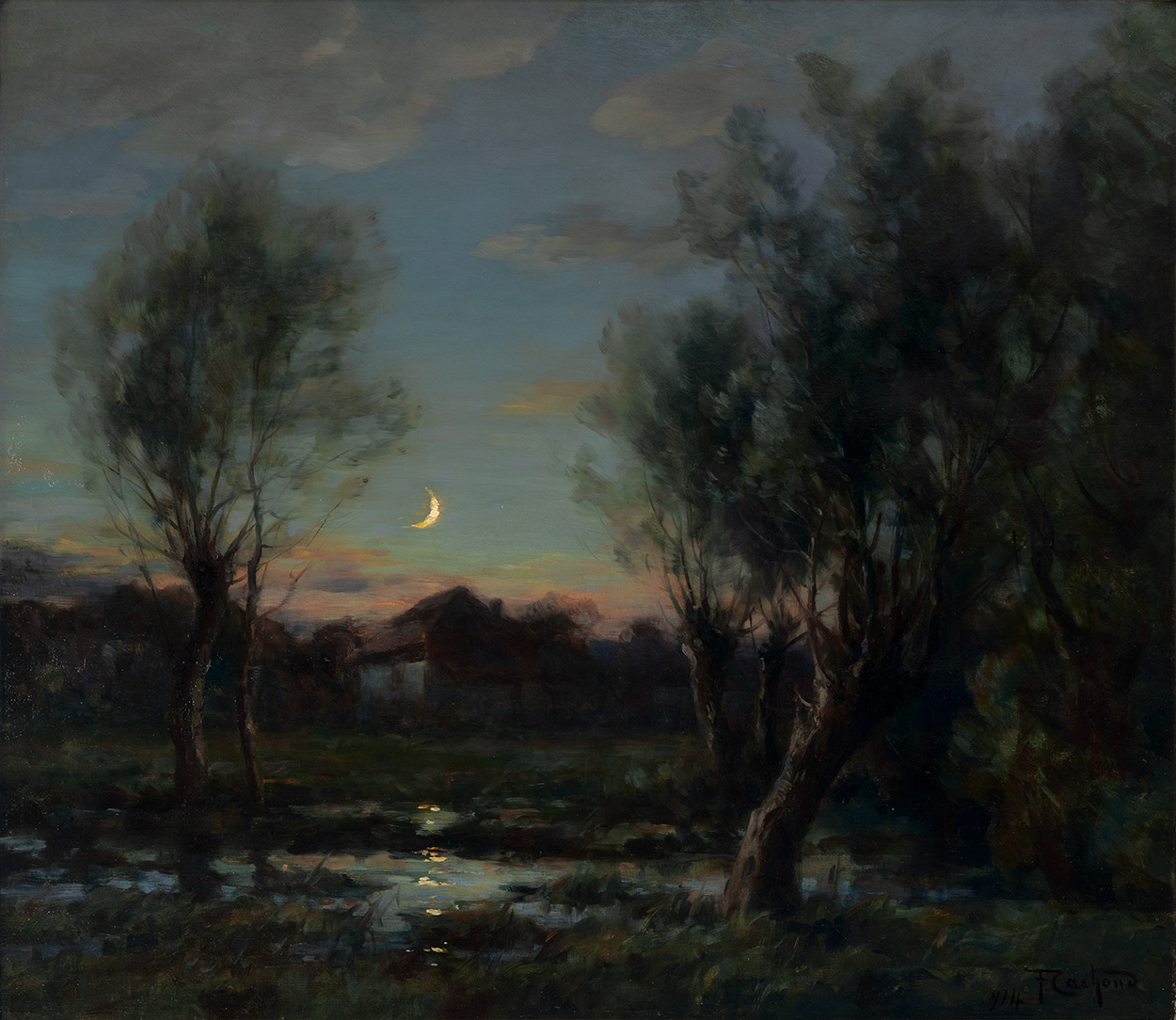A painting of a sliver of moon suspended in the sky above a dark forest scene and low building