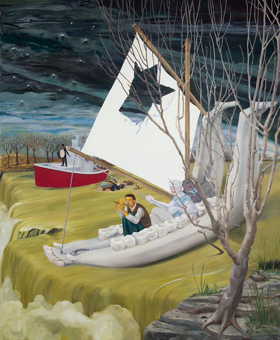 A stylized painting of a small sailboat made primarily of a large animal's lower jaw carrying people down a river towards a waterfall