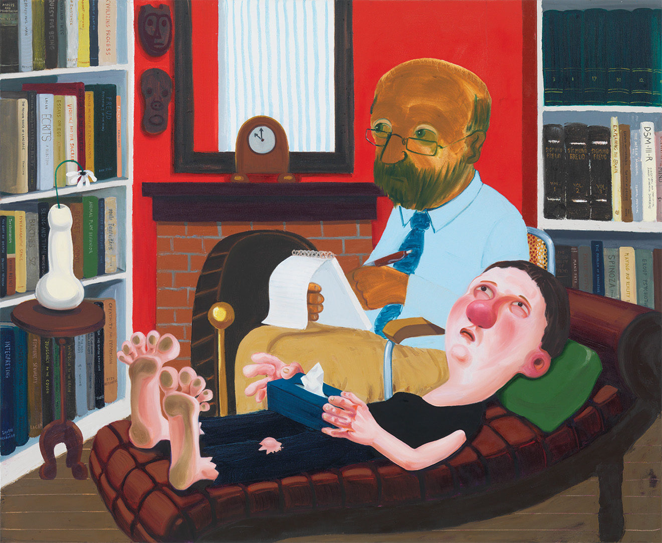 A painting with cartoonishly proportioned figures of a person laying down on a couch for a therapy session