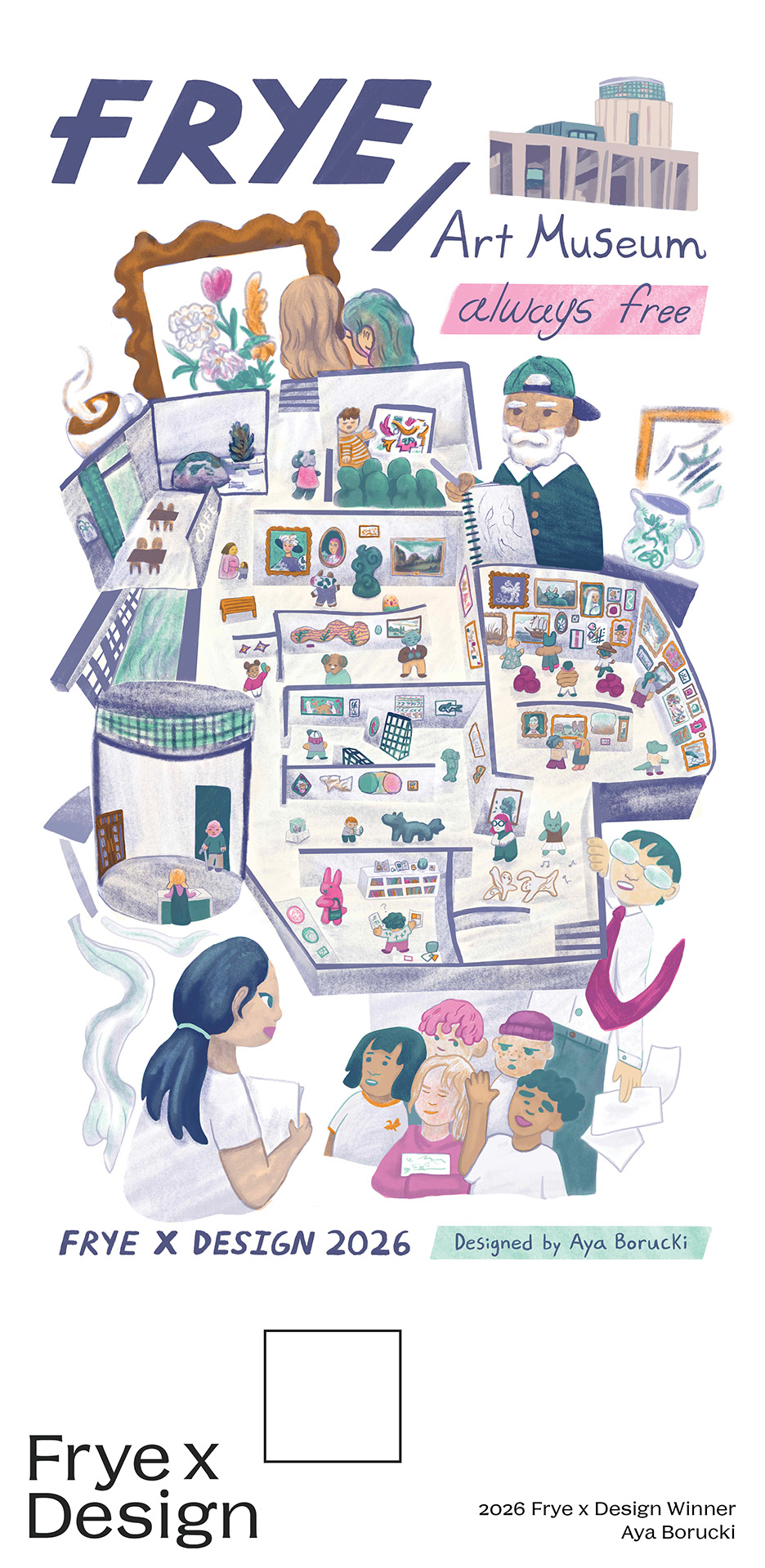 An illustrated poster with museum themes and artwork