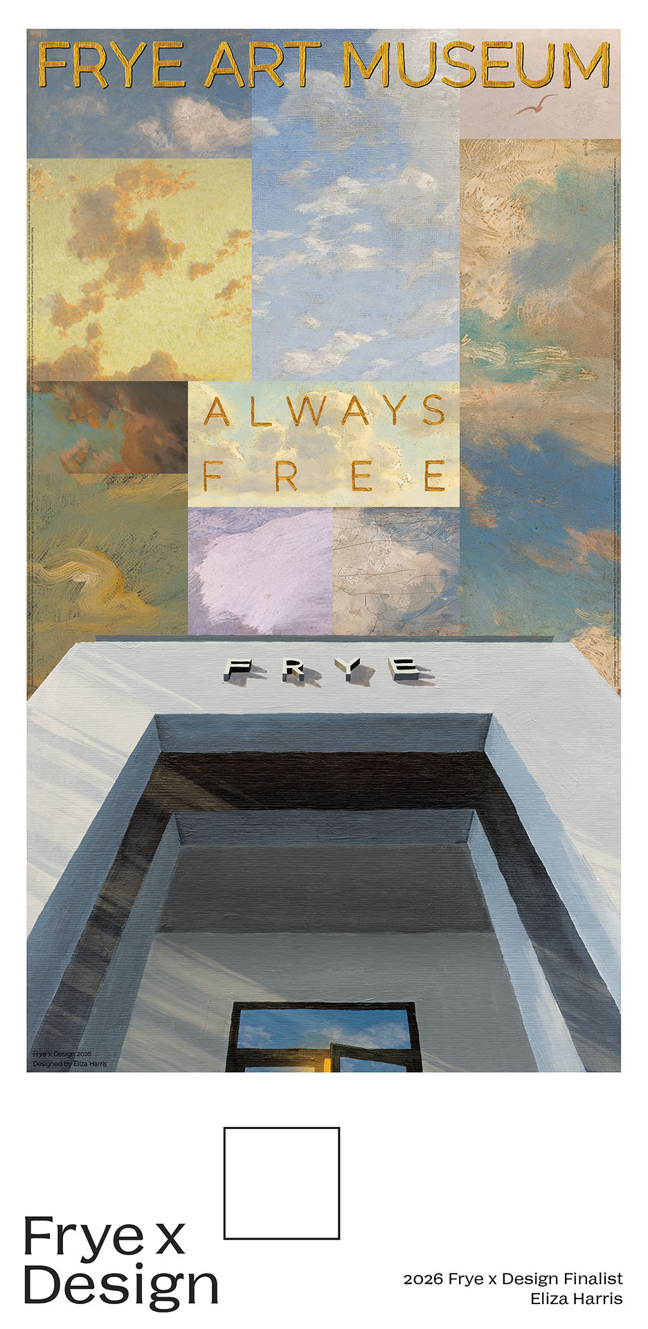 A poster design with clouds taken from oil paintings and a cement entryway viewed from below