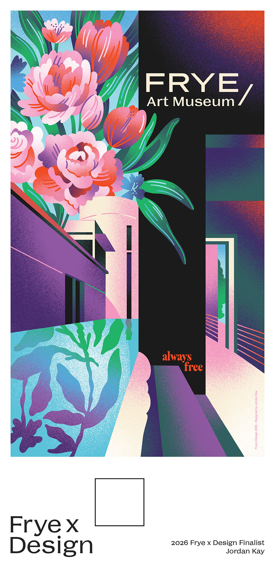A bold, digitally illustrated poster design featuring flowers and a museum exterior