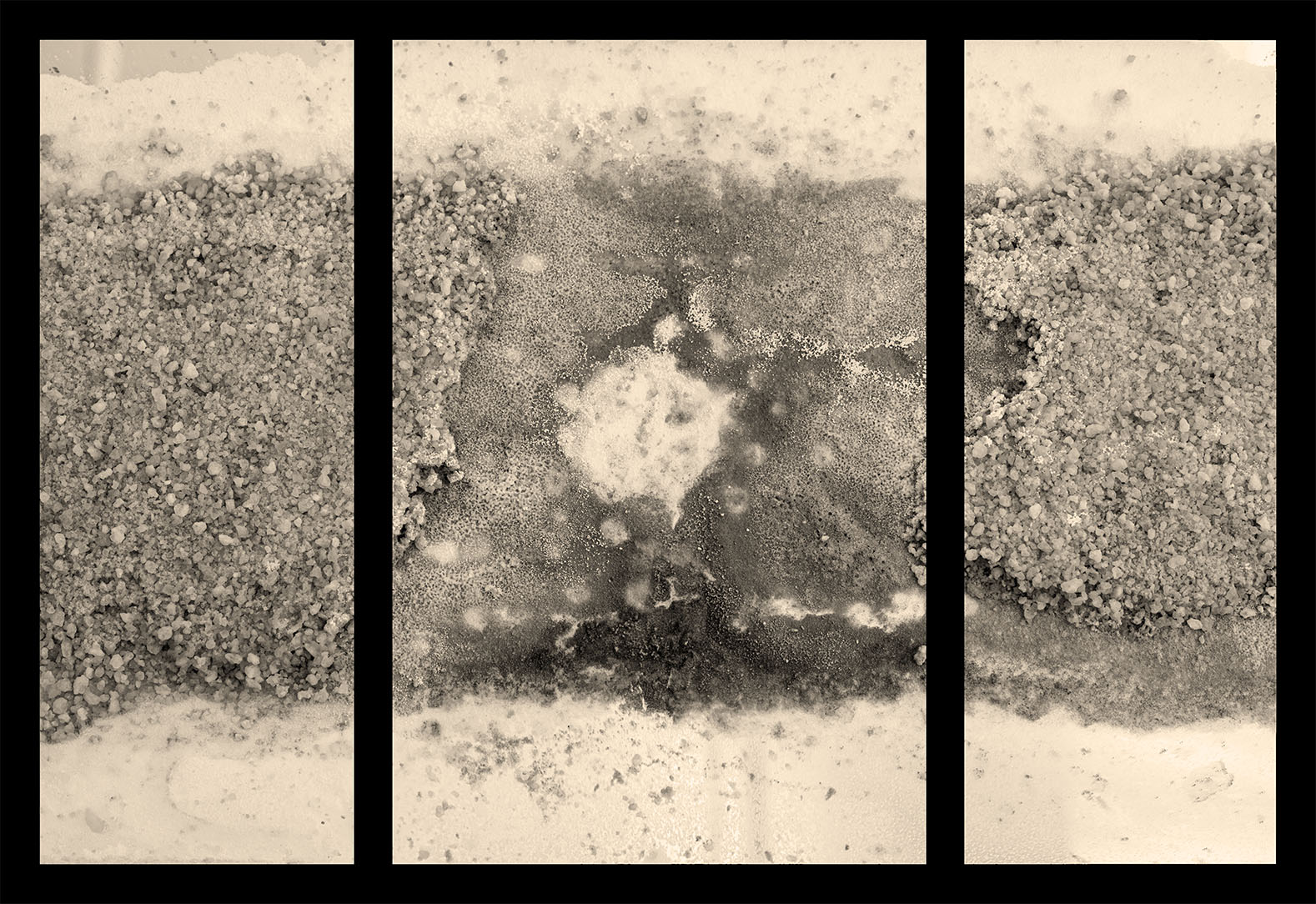 A sepia-toned image of different types of salt on a surface behind black bars