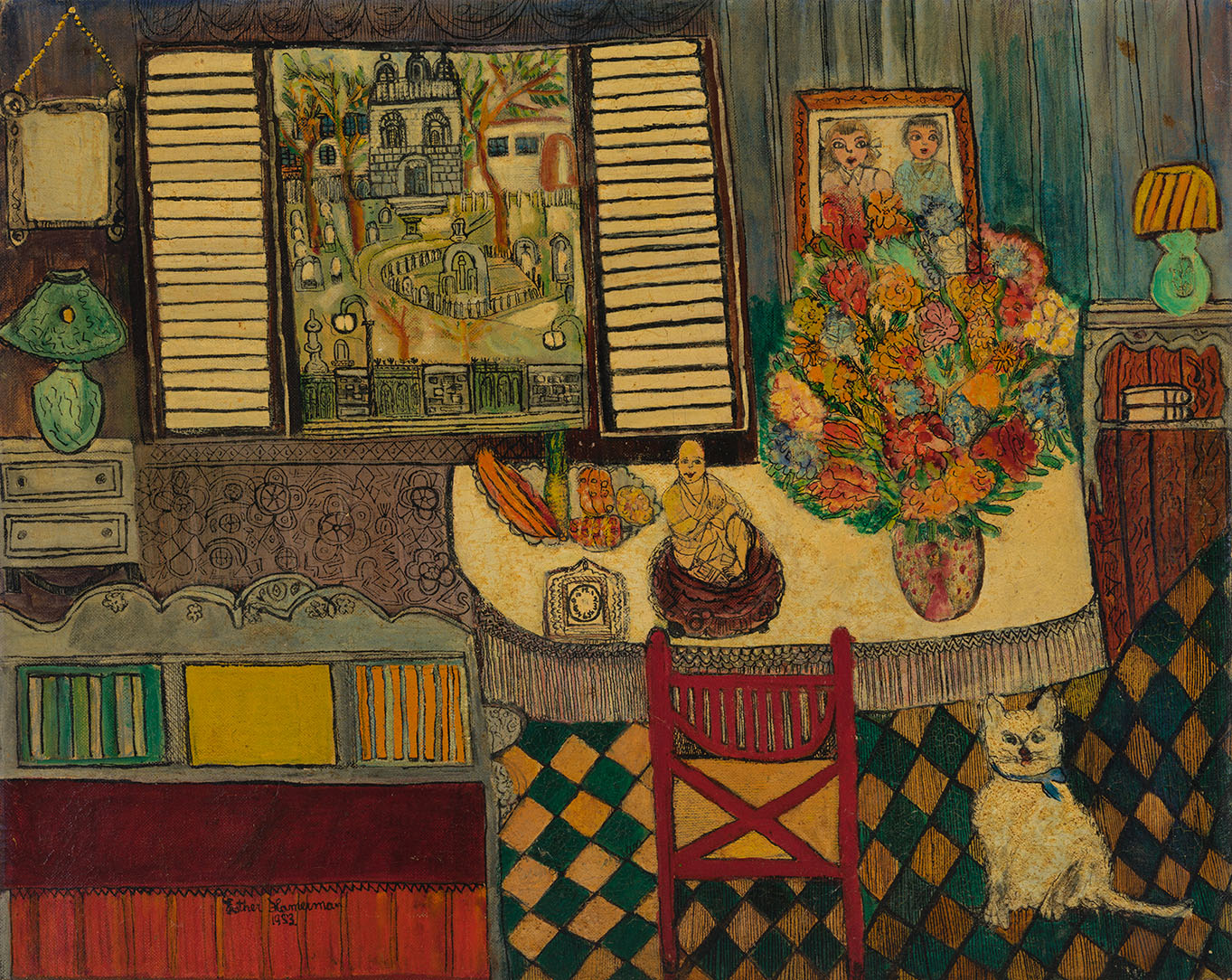 A flatly stylized still life painting of a room with a table and an open window. There is a white cat on the ground.