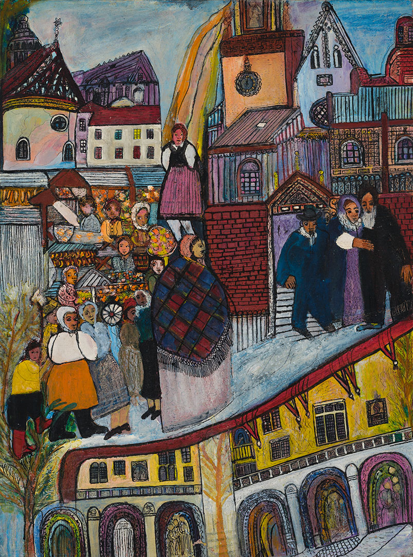A flatly stylized painting of a cityscape and people