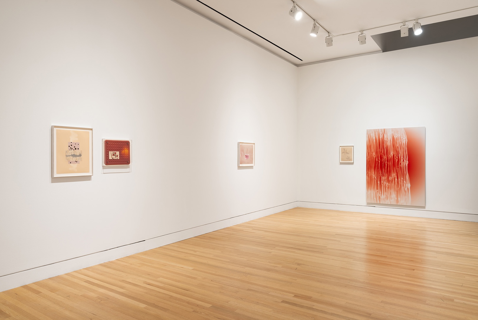 A gallery space with flat works hung on the walls, including a large abstract piece in red and white