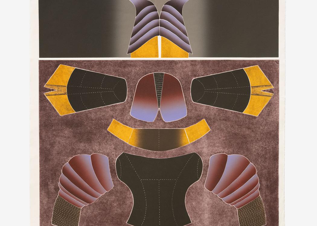 A flat paper artwork in the guise of a paper cutout craft guide with a torso, arms, shoulderpads, and more