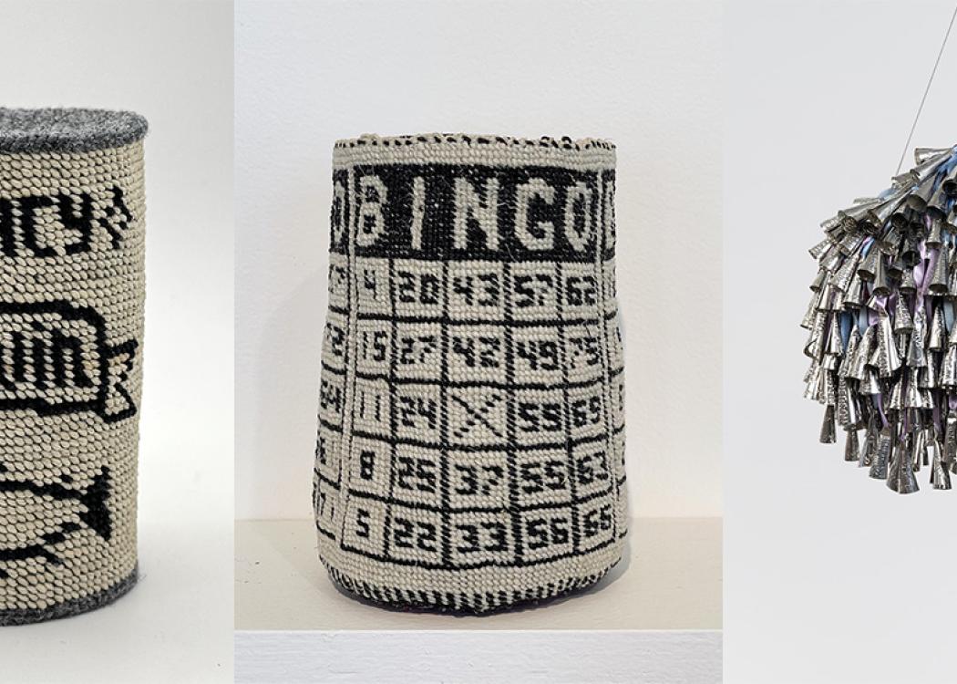 A composite of three images of three dimensional artwork, including two baskets and one hanging metallic piece