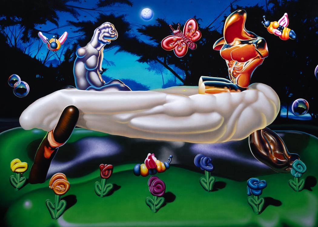 An oil painting of stylized computer graphic style renderings of figures and flowers in a field