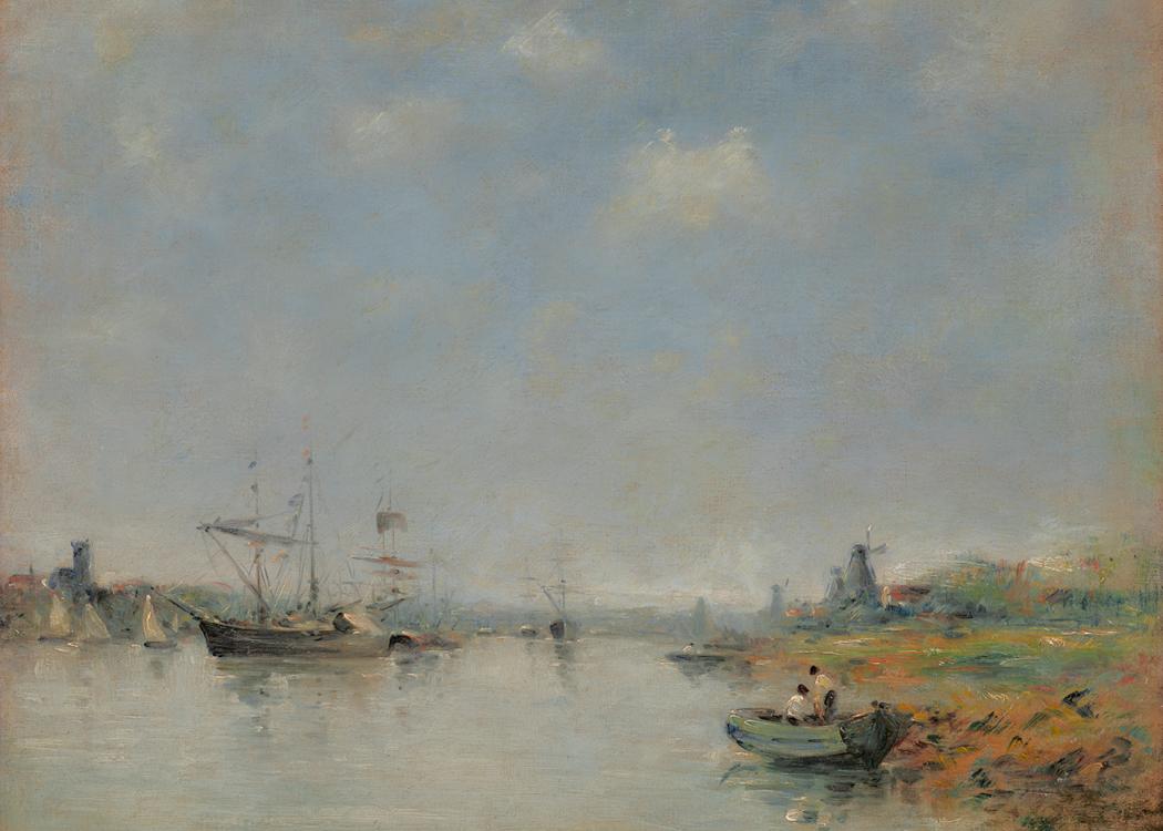 A painting of old wooden ships near a coast in daytime against a blue sky