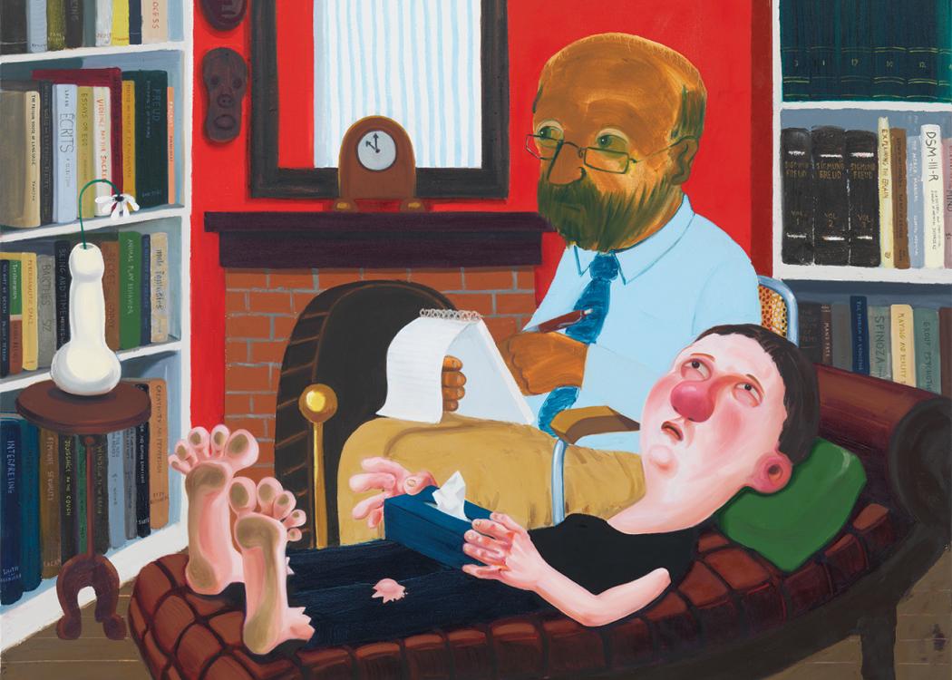 A painting with cartoonishly proportioned figures of a person laying down on a couch for a therapy session