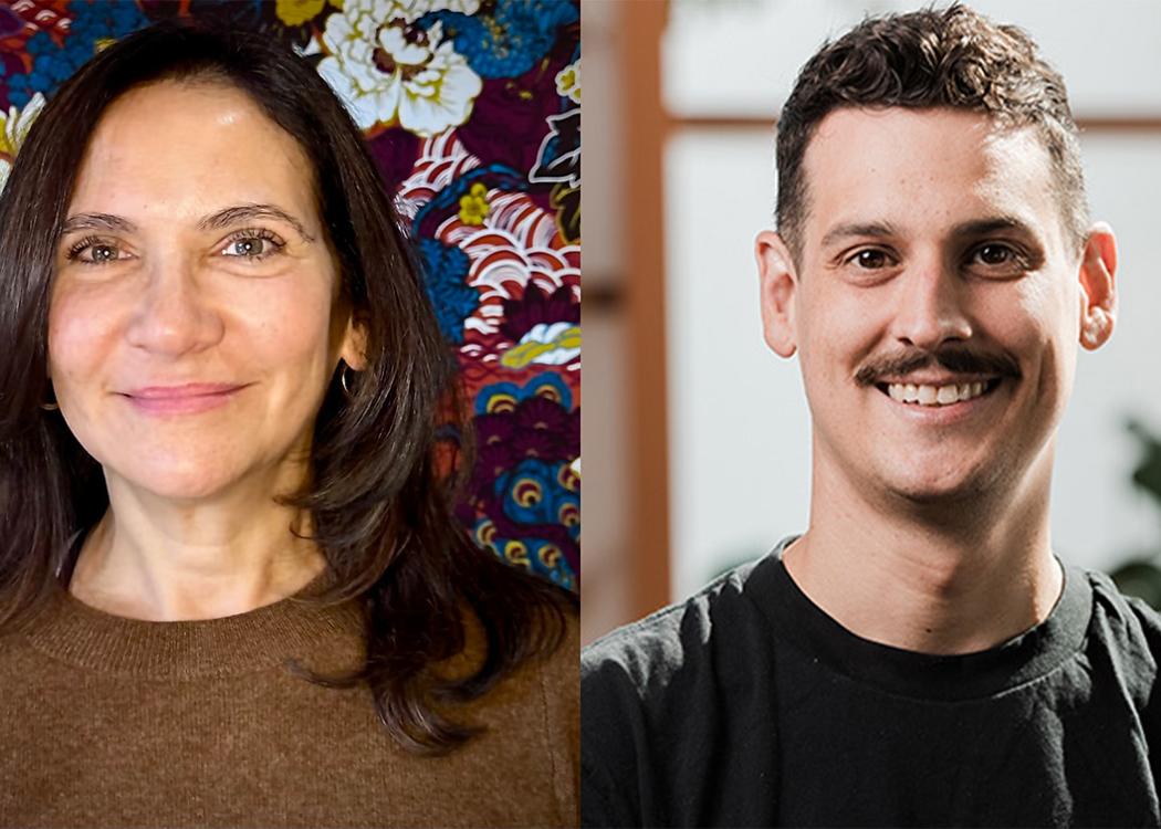 A composite of two portrait photograph images of people 