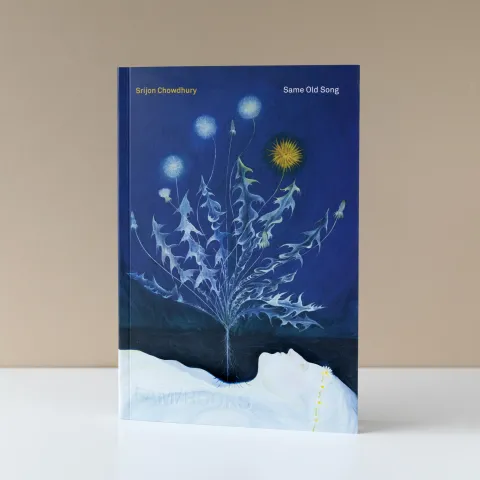 Cover of the exhibition monograph Srijon Chowdhury: Same Old Song with a painting of a whispy white plant and person laying down in profile against a blue night sky