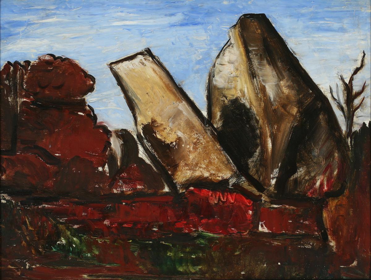 Marsden Hartley oil painting titled Whale's Jaw, Dogtown Common, Cape Ann, Massachusetts, depicting a rocky outcrop and surrounding foliage