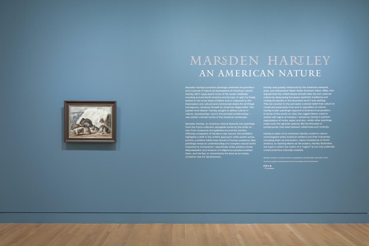 Exhibition title wall for Marsden Hartley: An American Nature featuring the Hartley oil painting Storm Wave hung at left