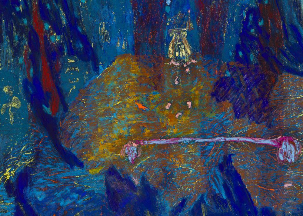Detail of an abstracted painting with an orange cloud in the center with blue background and red details