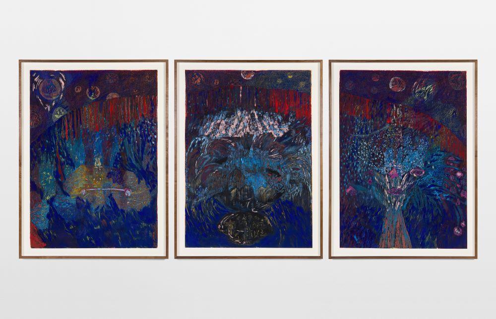 Three panels of a framed abstracted painting with blues, whites, reds and other hues