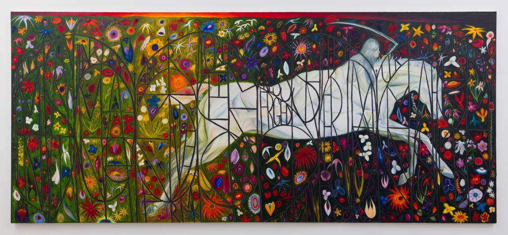 Multi-canvas painting of a white horse riding across a rainbow-colored background of flowers