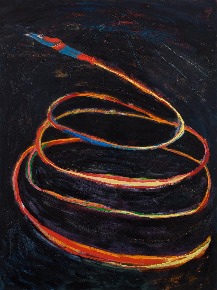 Oil painting of a figure in a super hero outfit flying upwards in a spiral against a black background
