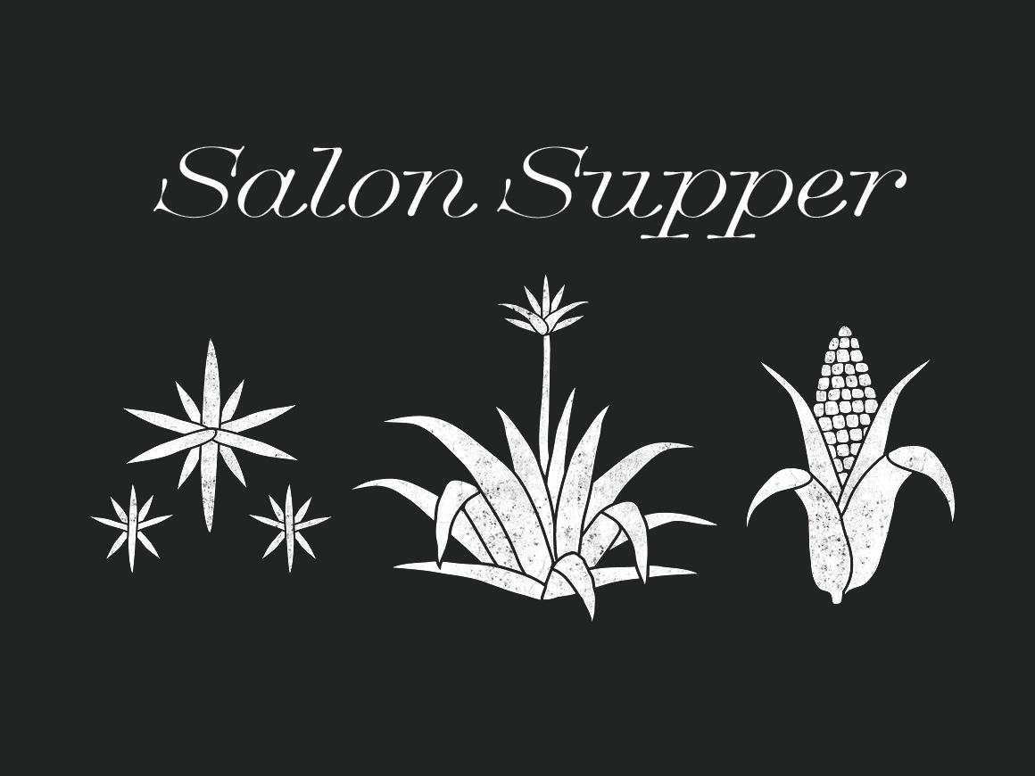 A stylized illustration of plants and the text Salon Supper