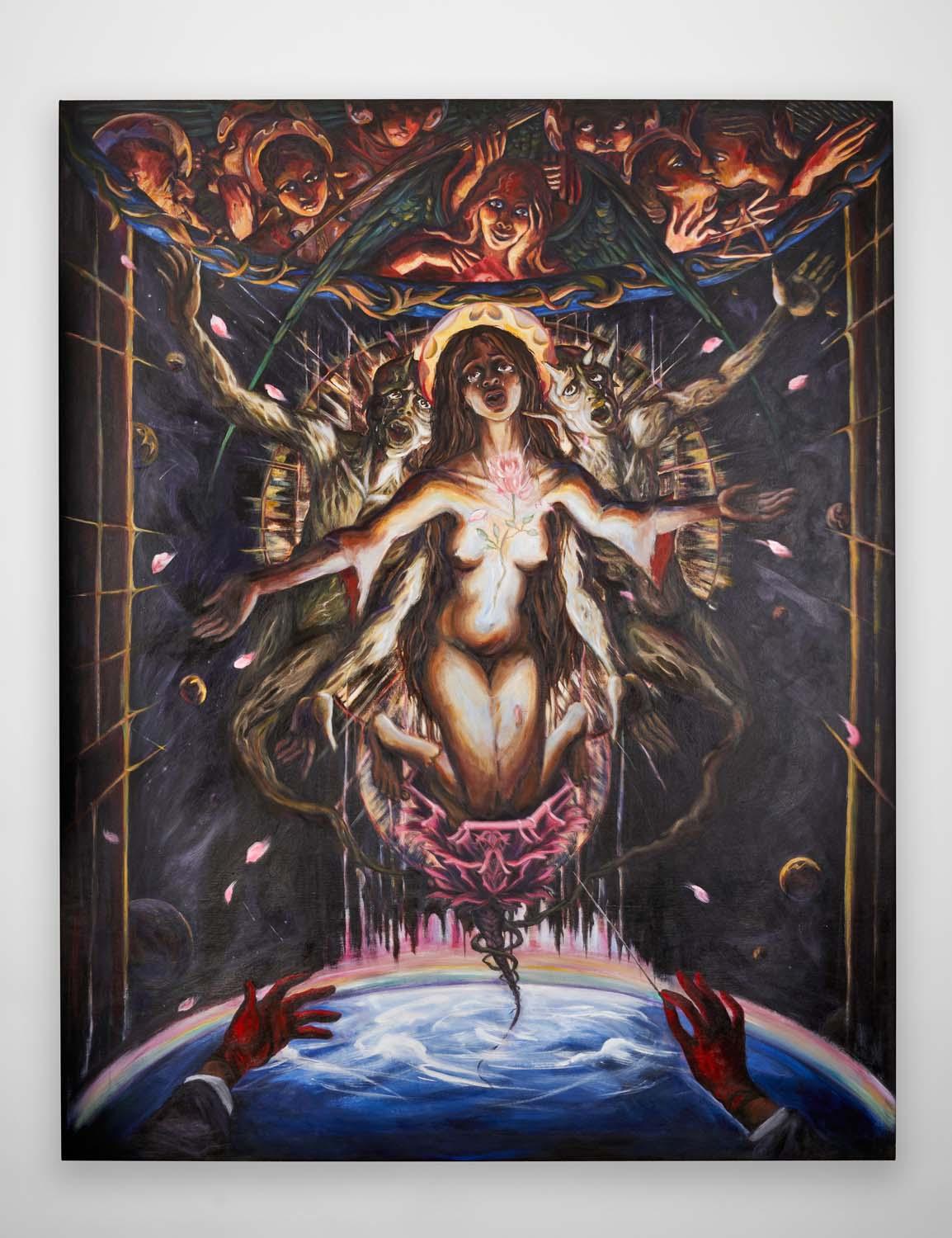 A painting of a central female figure appearing to be illuminated from within, casting a glow upon the array of angels and demons depicted above her head