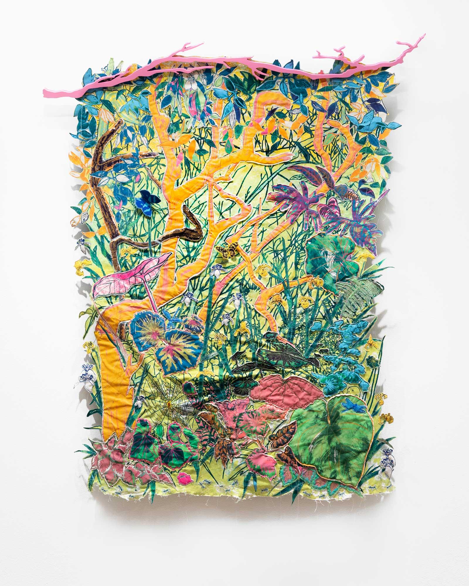 A colorful tapestry by María Zamora depicting branches, leaves, and fauna