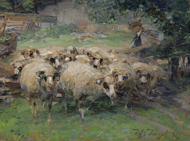 Heinrich von Zügel. Schafherde mit Hirte (Shepherd with Flock), 1920.