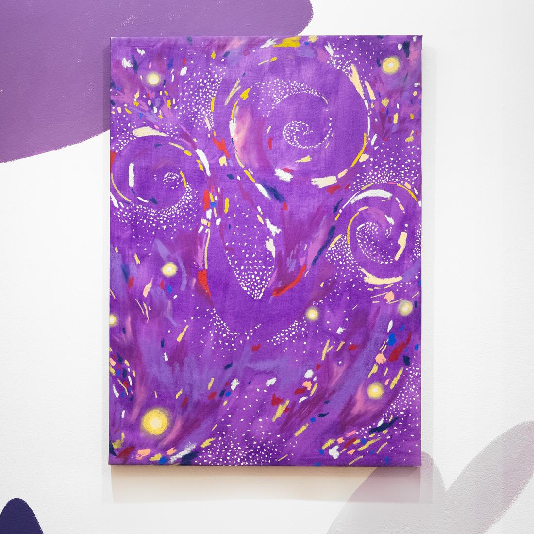 Photo of a mostly purple painting with swirls of white and other colors