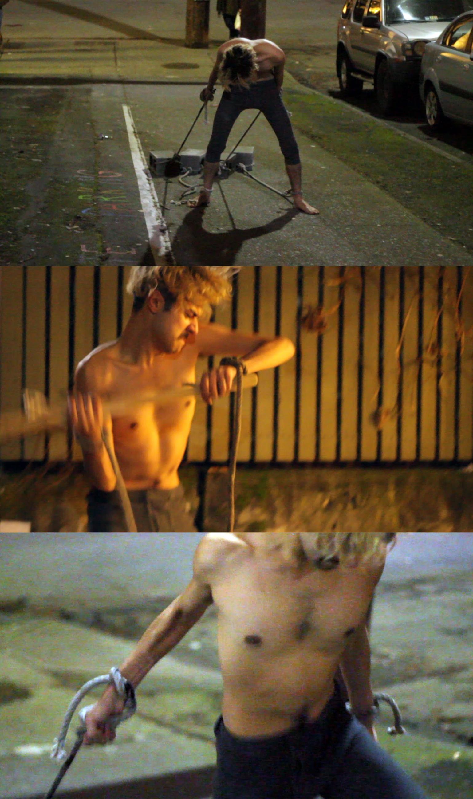 Three images from a video of a shirtless person dragging blocks