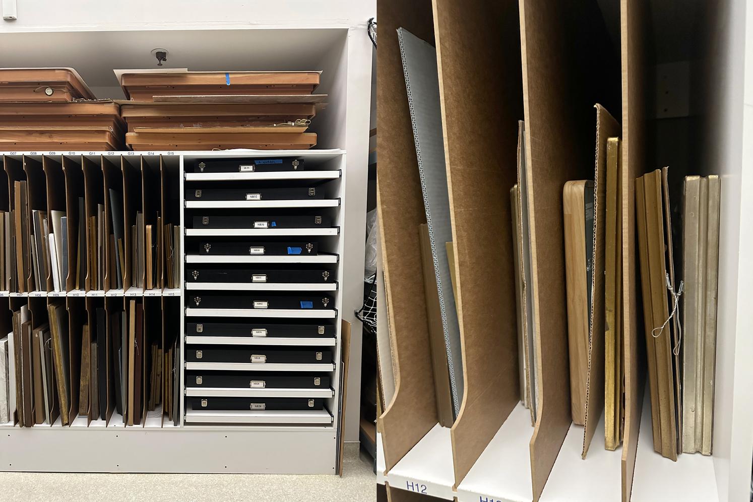 Two photos: Photo on left shows Vertical framed artwork storage bins next to shelves with solander boxes on them; Photo on right shows Framed works on paper in vertical storage bins