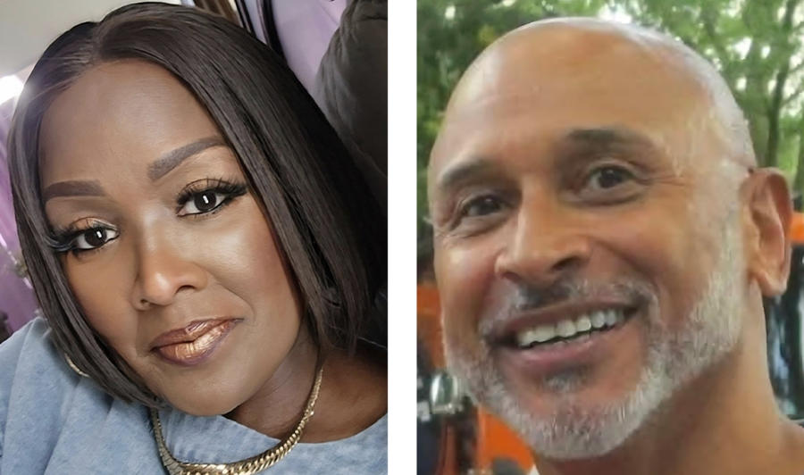 A composite of two close up photographs of smiling people