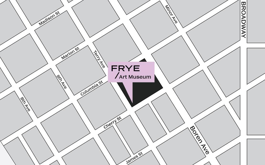 A 2d style street map with the Frye Art Museum highlighted