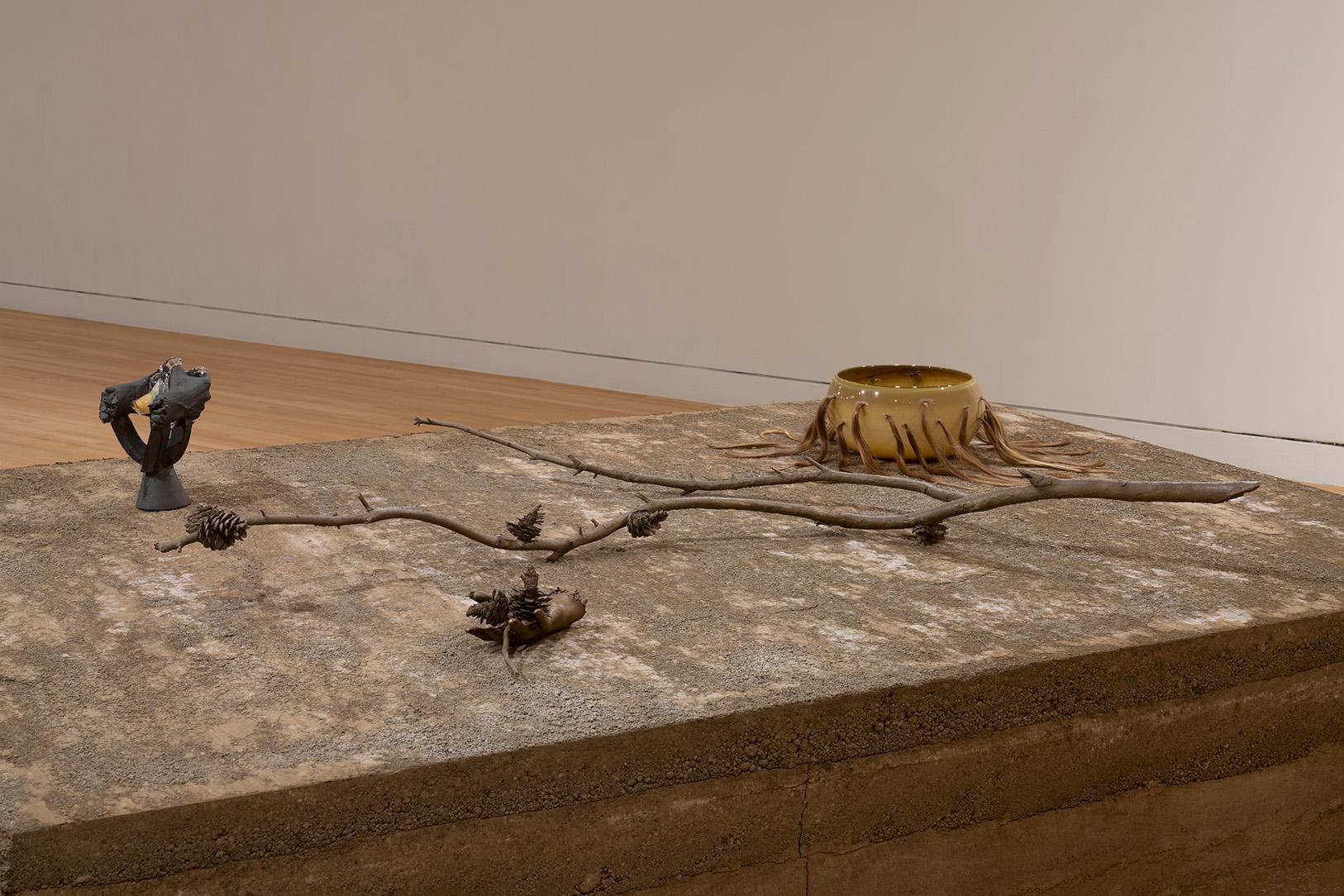 Installation photo of Kelly Akashi: Formations showing four artworks on top of a rammed earth pedestal