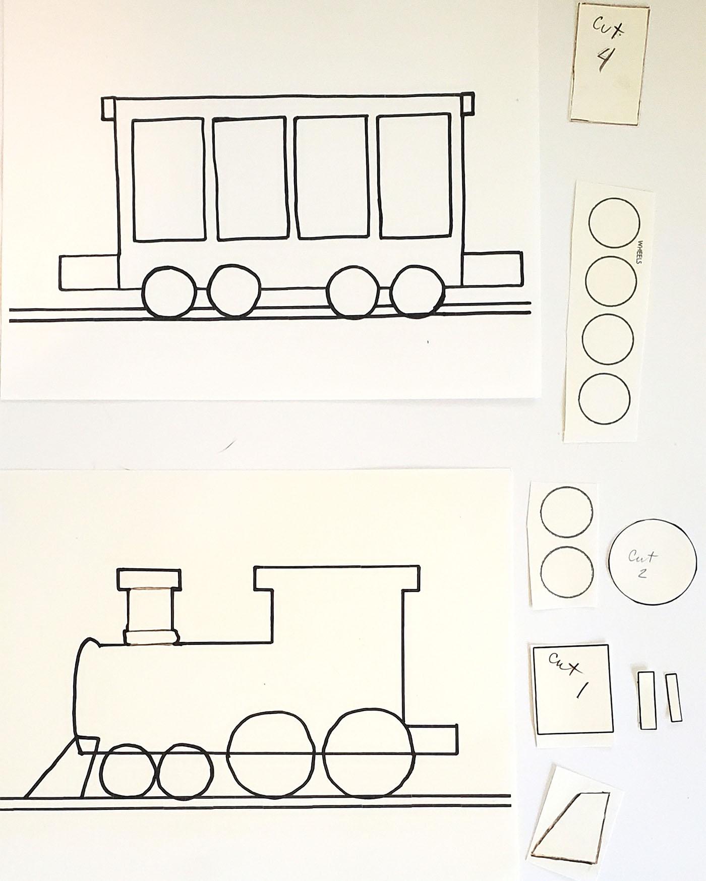 Printed train car templates on paper