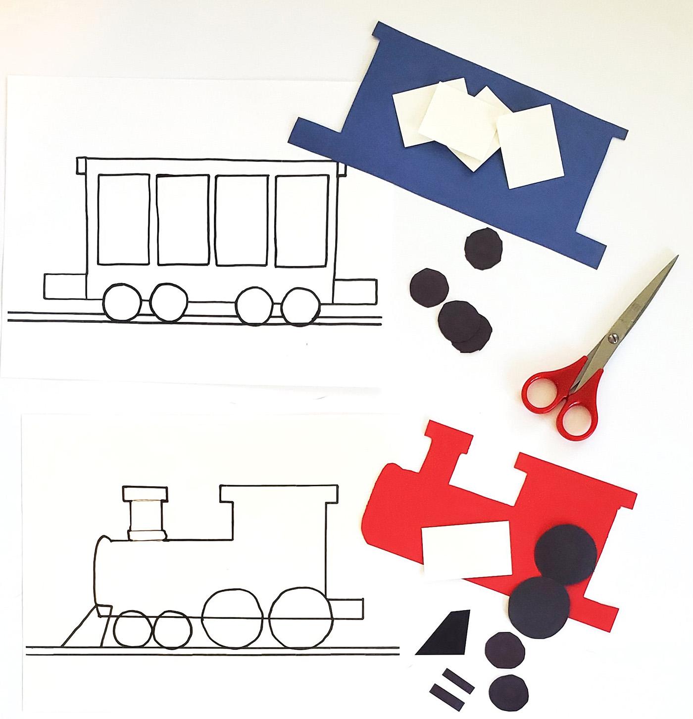 Printed train illustration templates and crafting supplies