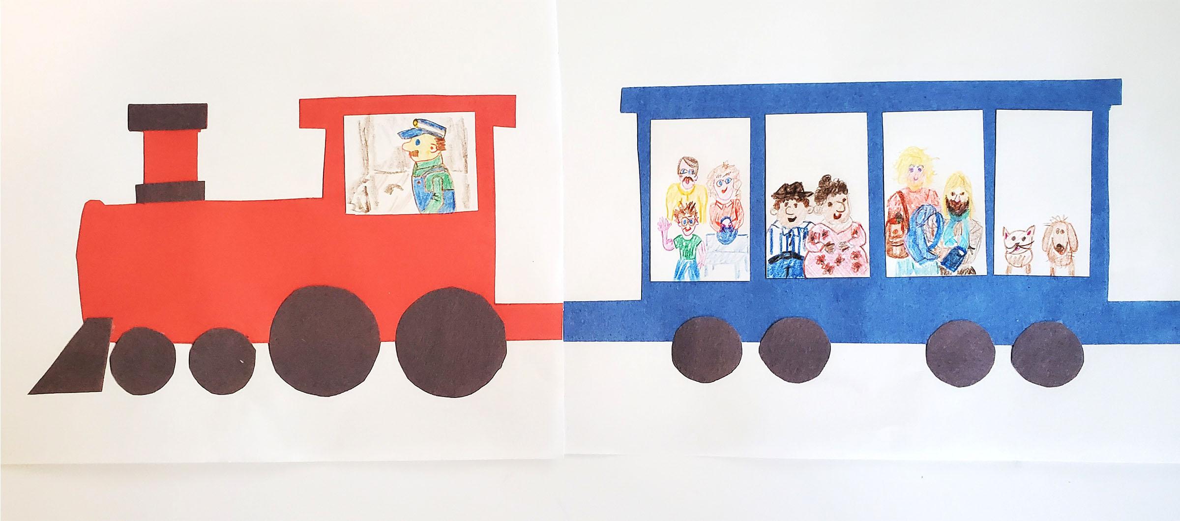 Trains made of construction paper and illustrations of passengers