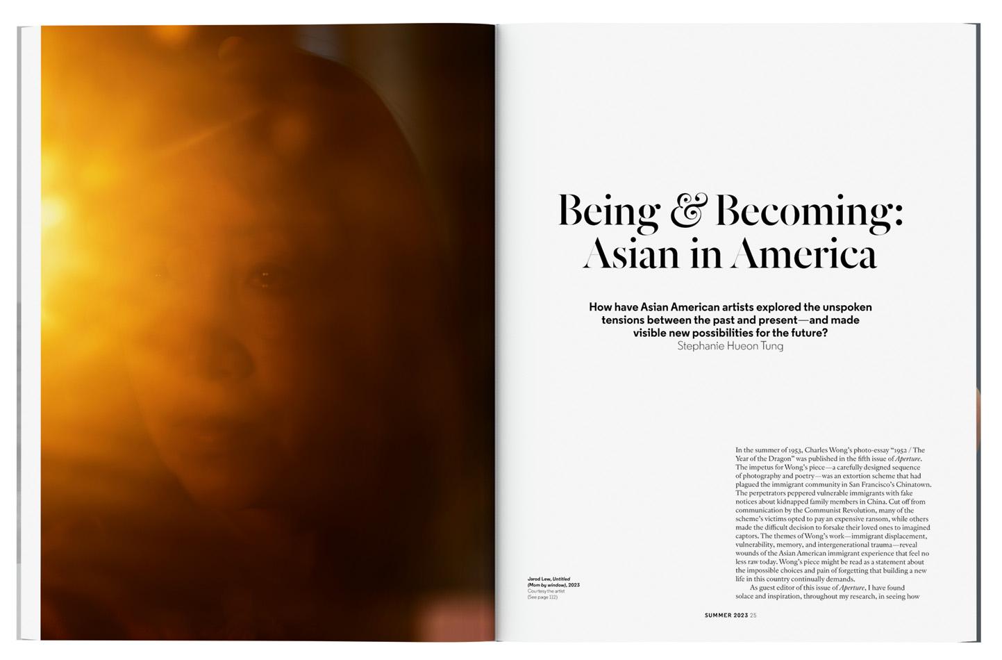 Inside of an issue of Aperture magazine showing a photo on the left and text on the right with the headline "Being & Becoming: Asian in America"