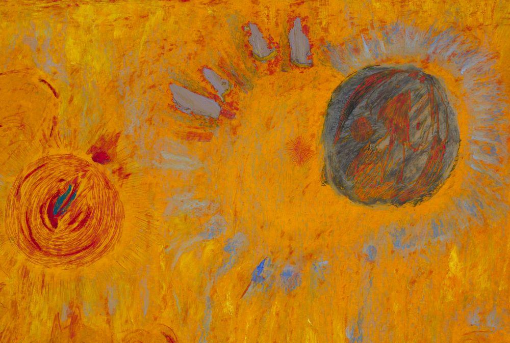 Detail of an abstracted painting with yellow hues and two circular objects